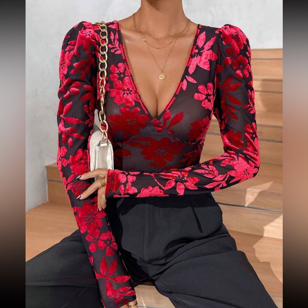 Boho floral print mesh bodysuit